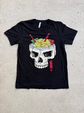 Bella Canvas Skull Ramen Bowl Graphic Tee Black Short Sleeve Japanese Shirt L